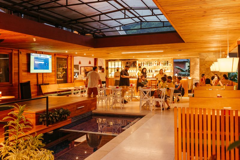 Pequod's pizza restaurant interior with warm lighting